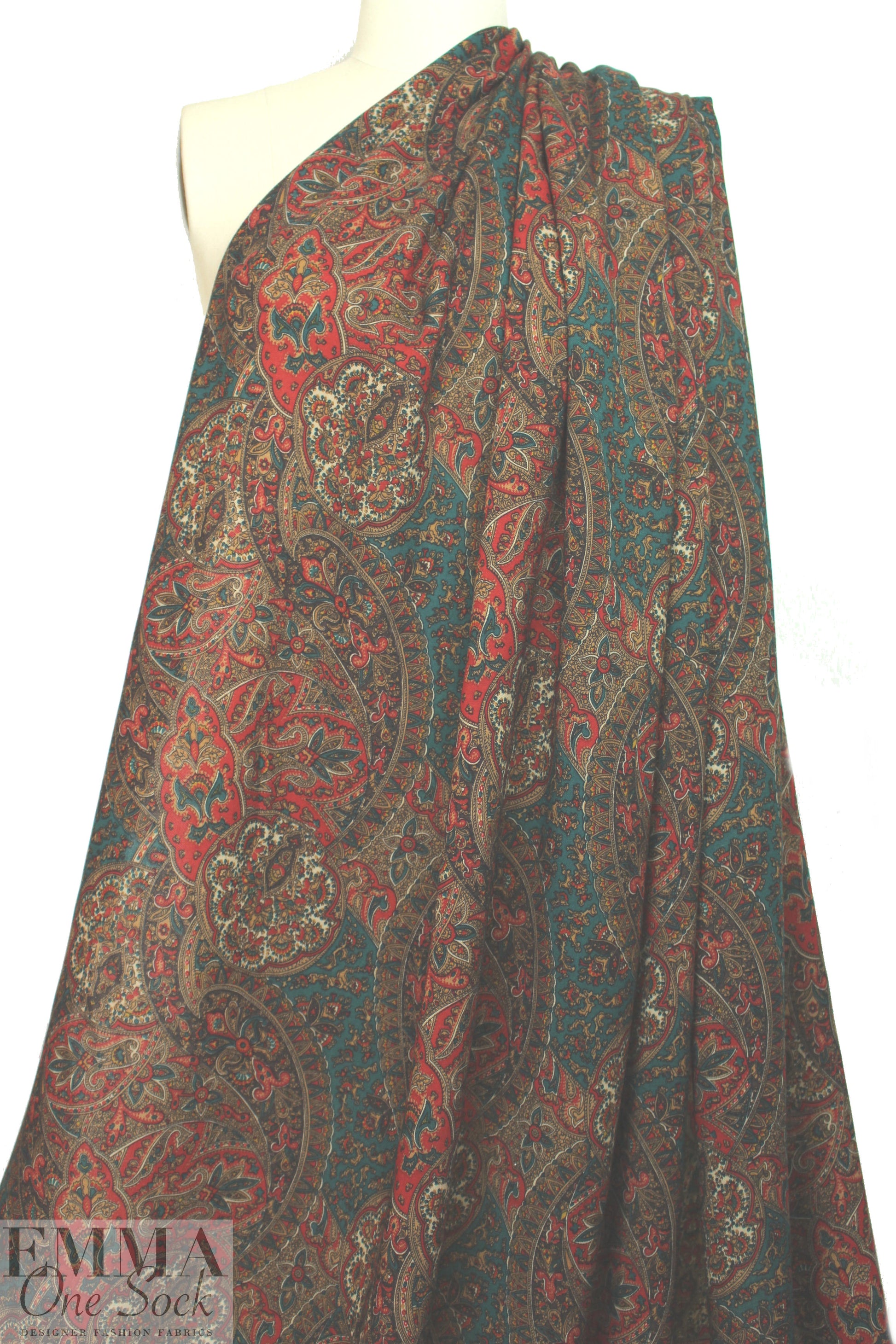 NY designer garnet/pine vintage paisley wool challis 3 yds