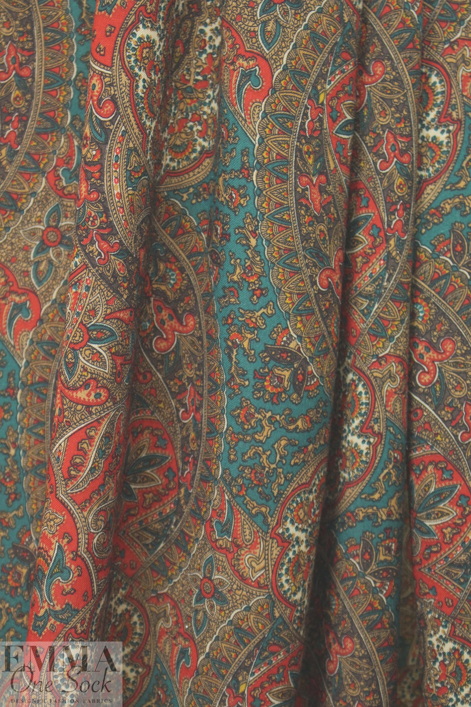 NY designer garnet/pine vintage paisley wool challis .75 yds