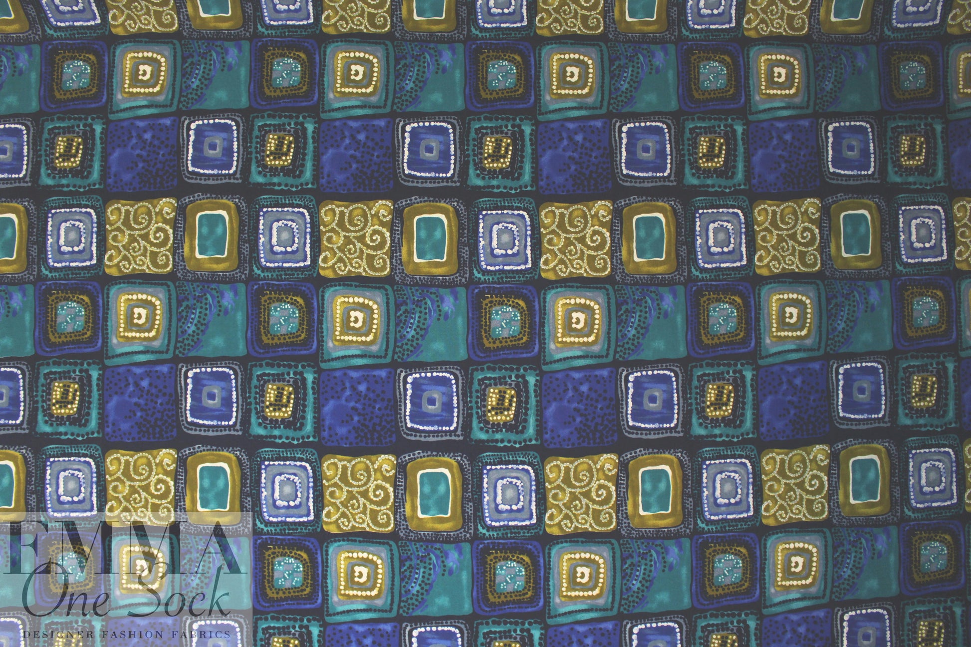 NY designer teal/olive/cobalt graphic vintage wool challis .875 yds