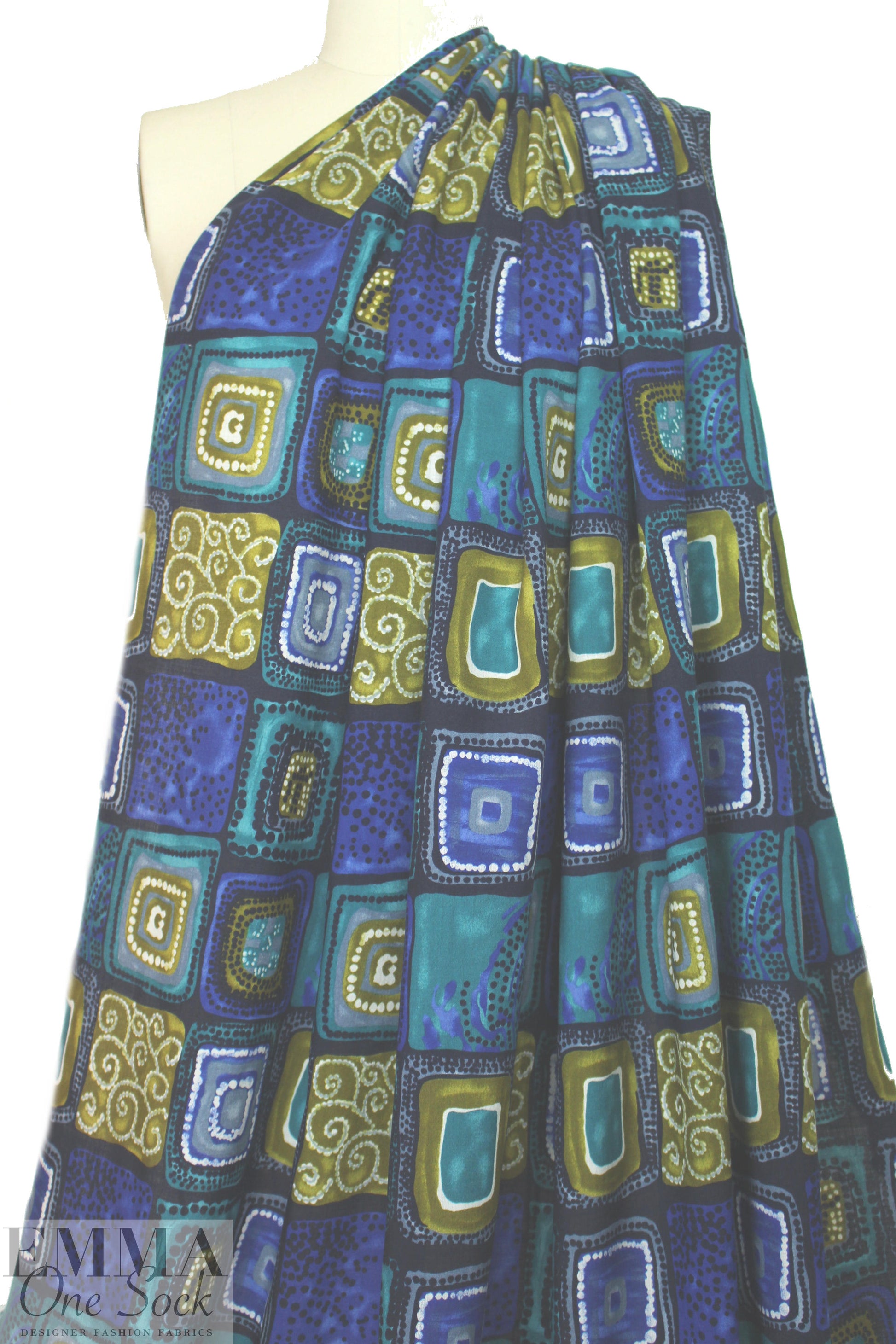 NY designer teal/olive/cobalt graphic vintage wool challis .875 yds