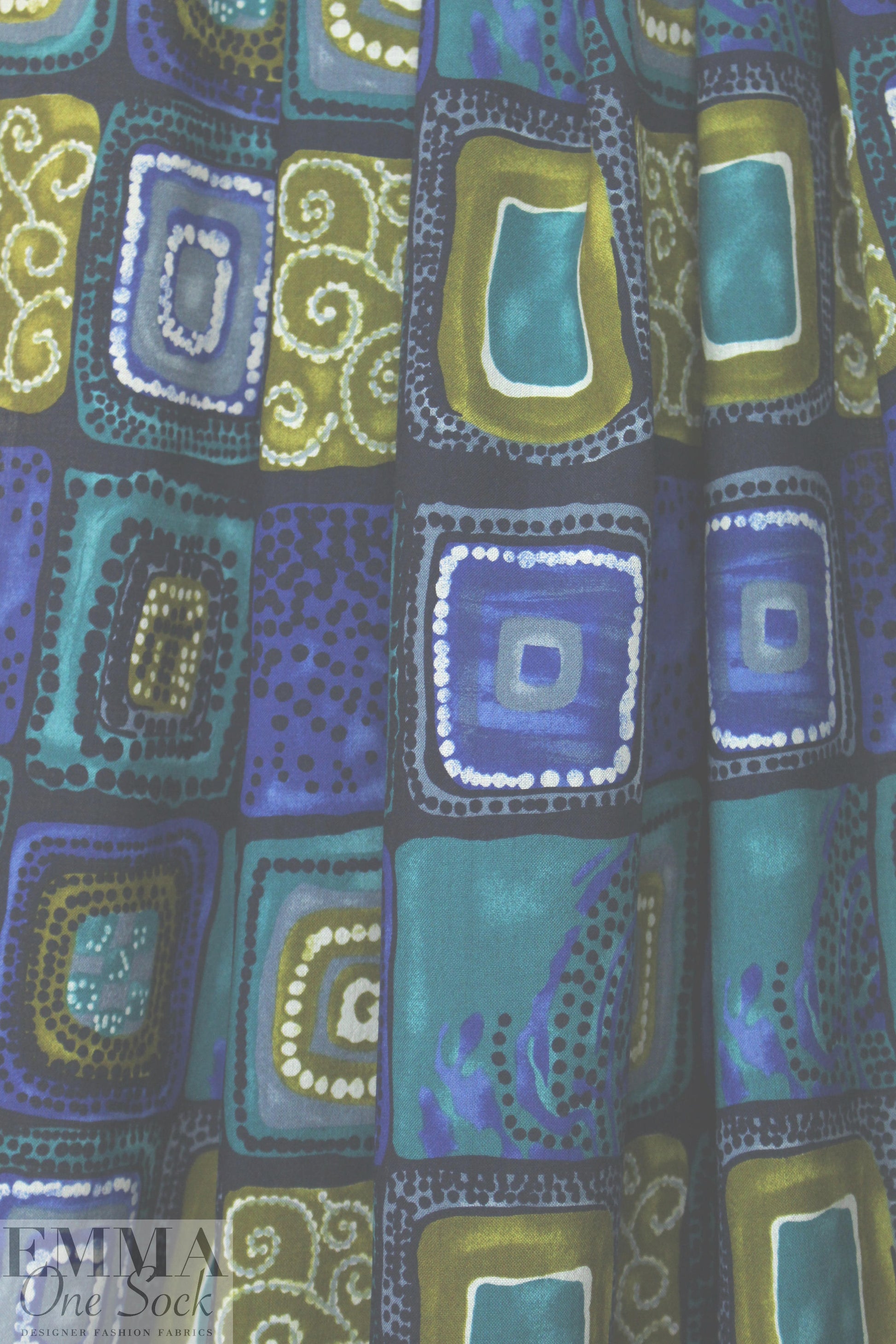 NY designer teal/olive/cobalt graphic vintage wool challis