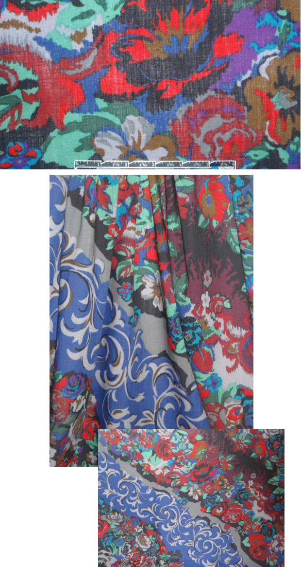 Italian vintage floral panel wool challis 1 yard (One Panel)
