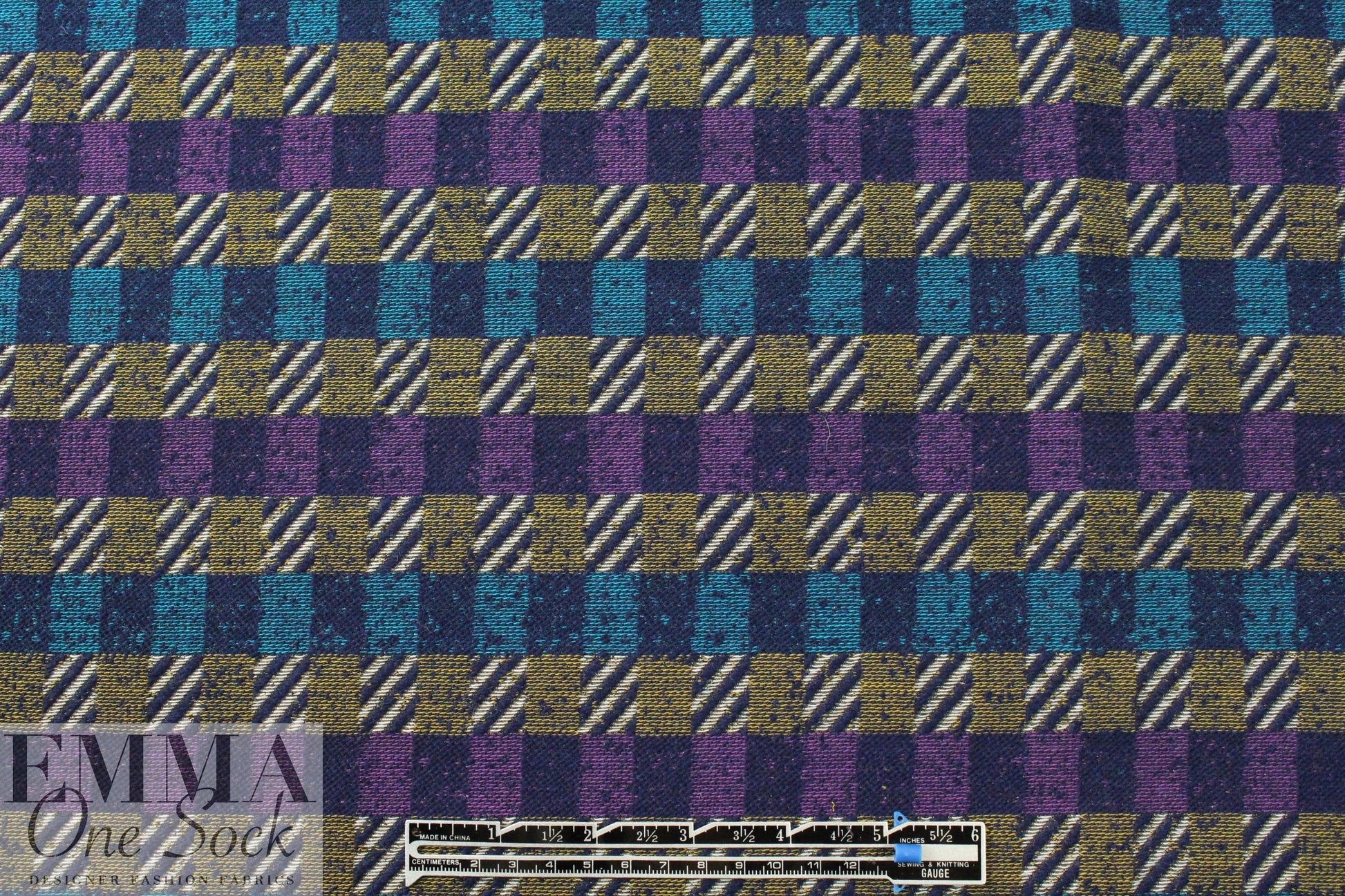 Italian violet/turq/navy plaid fancy weave suiting
