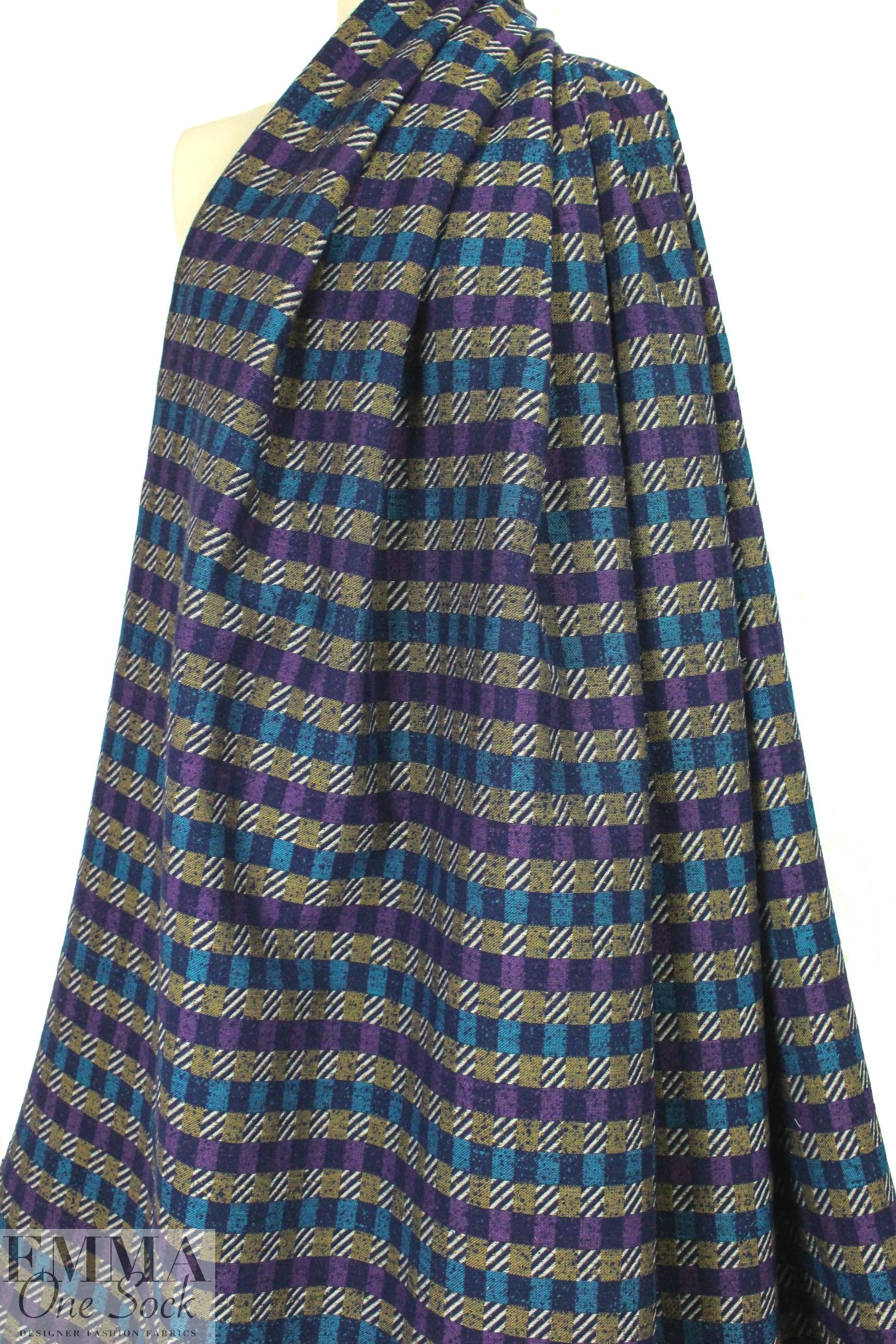 Italian violet/turq/navy plaid fancy weave suiting