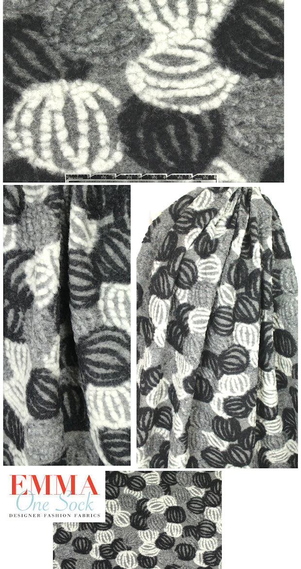Italian black/gray/white pod graphic wool fleece