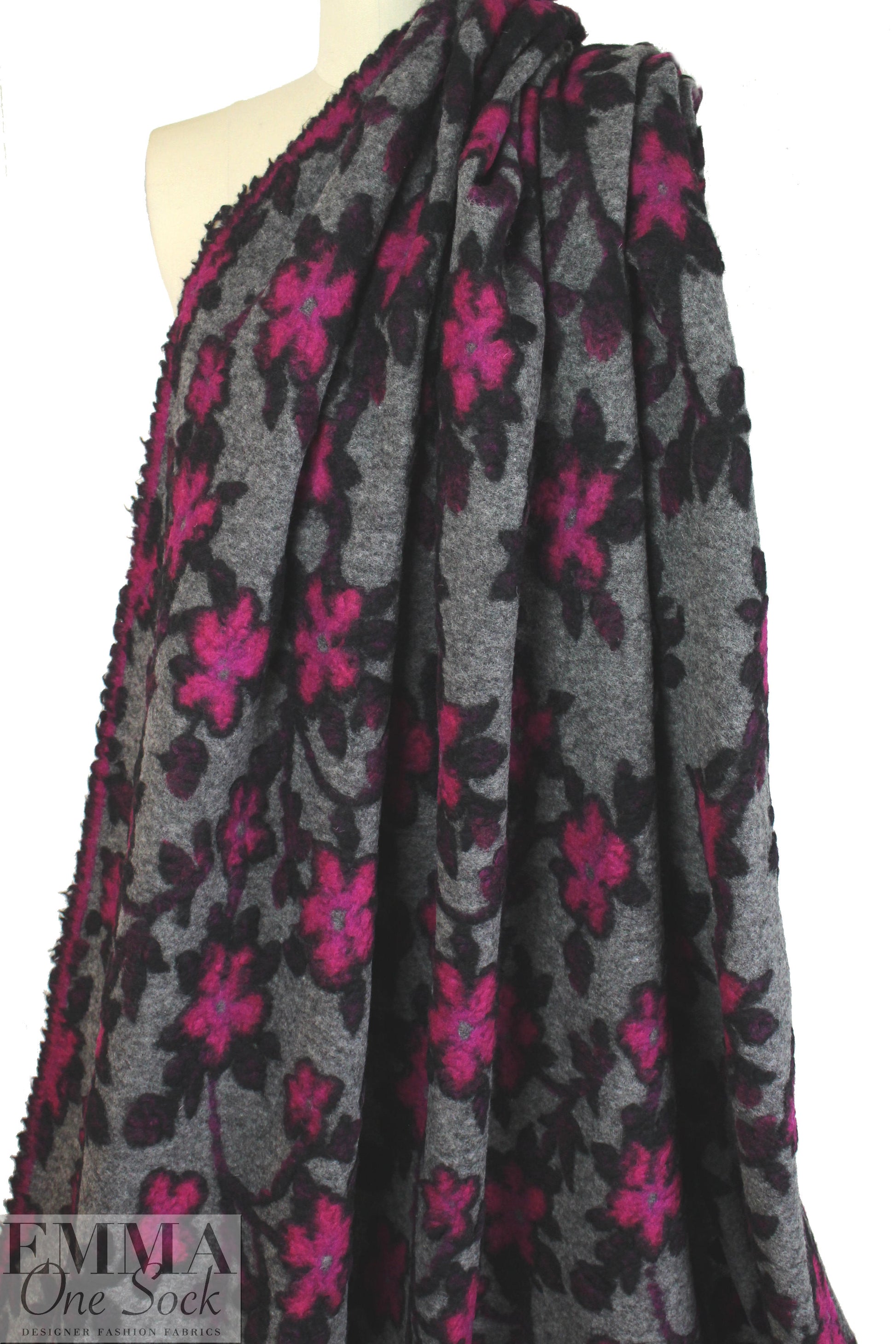 Italian textured wool fleece knit - fuchsia/gray