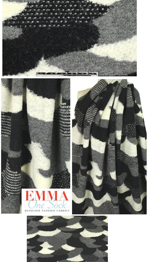 Italian black/gray/natural 'mod waves' wool fleece