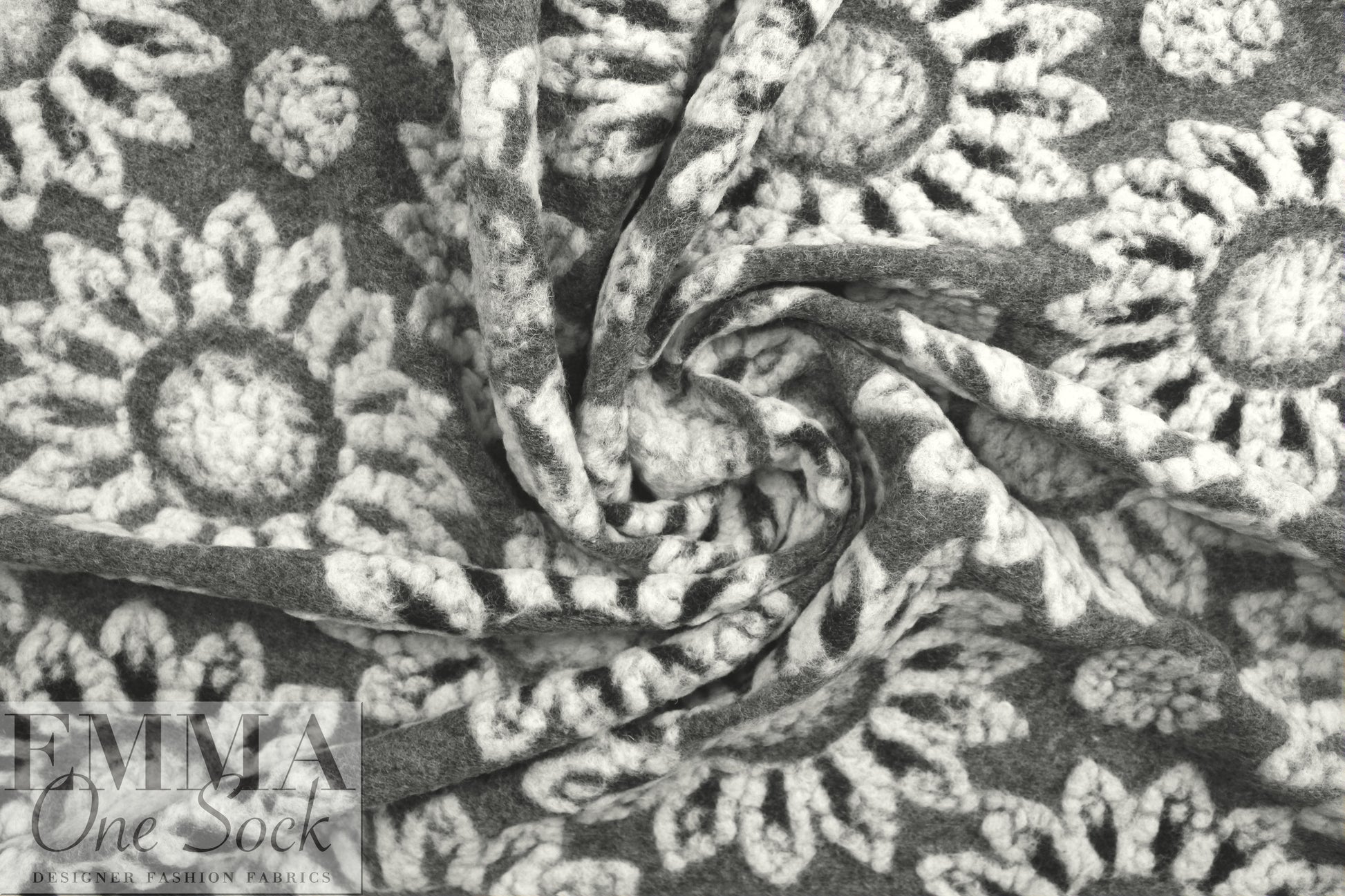Italian textured wool fleece knit - gray flowers .75 yds
