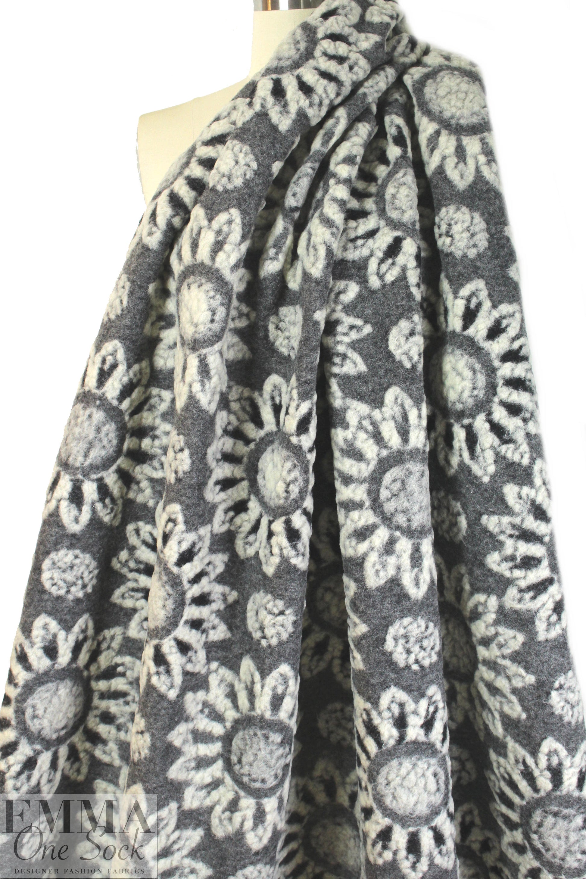 Italian textured wool fleece knit - gray flowers .75 yds