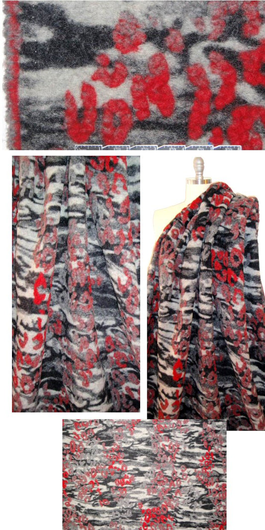 Italian red/gray textured abstract boiled wool fleece 1.33 yds