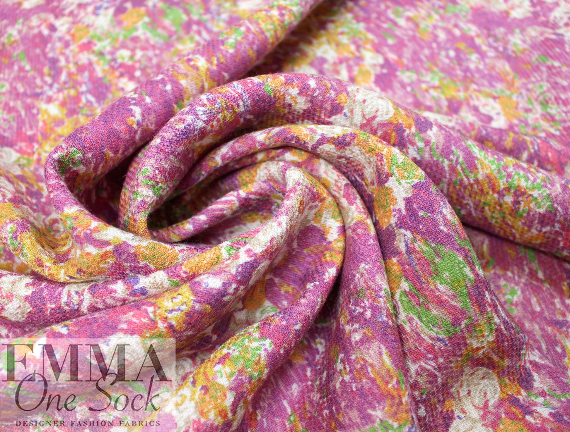 Italian magenta/citrus over-printed wool blend woven 1.875 yd