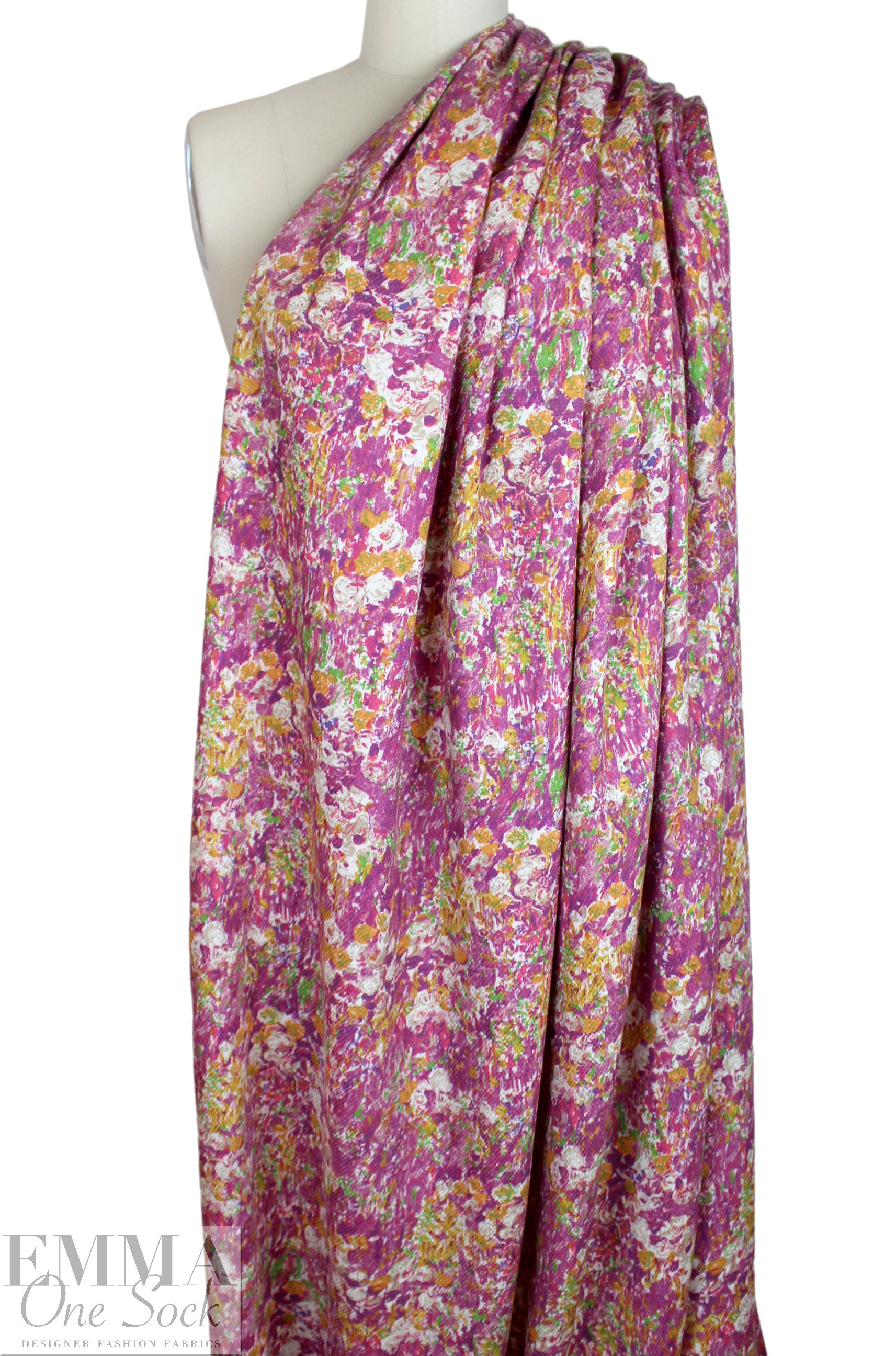 Italian magenta/citrus over-printed wool blend woven 1.875 yd