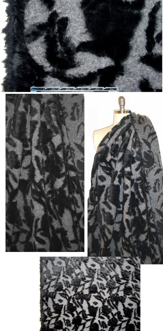 Italian black/gray floral fluff wool fleece 1.8 yd