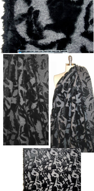 Italian black/gray floral fluff wool fleece 1 yard