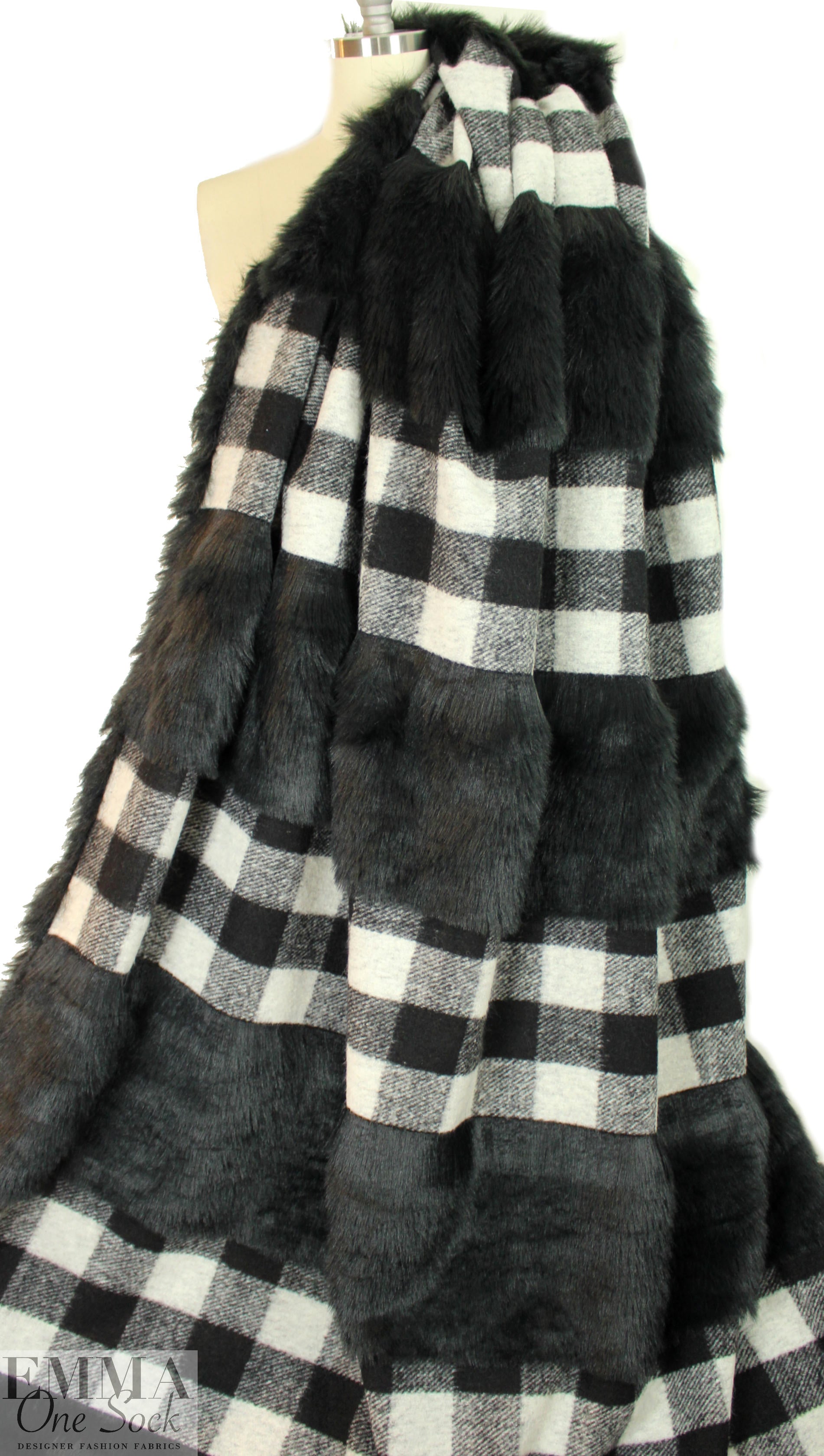 Italian banded faux fur/checkered plaid coating