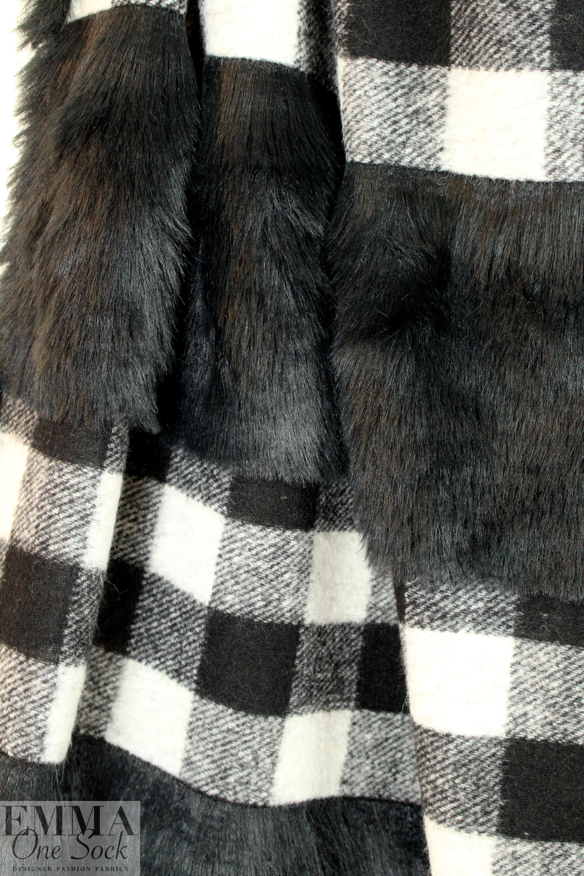 Italian banded faux fur/checkered plaid coating