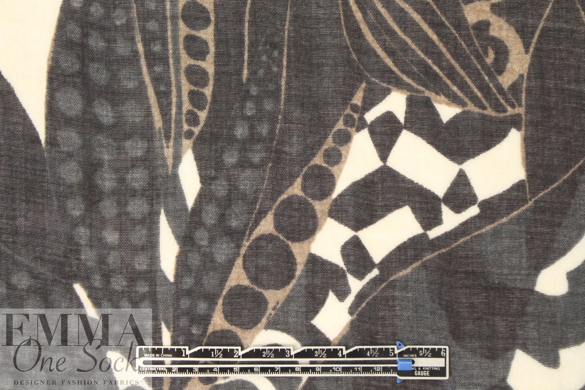 Italian printed wool/viscose gauze - off black/cafe' graphic .66 yds
