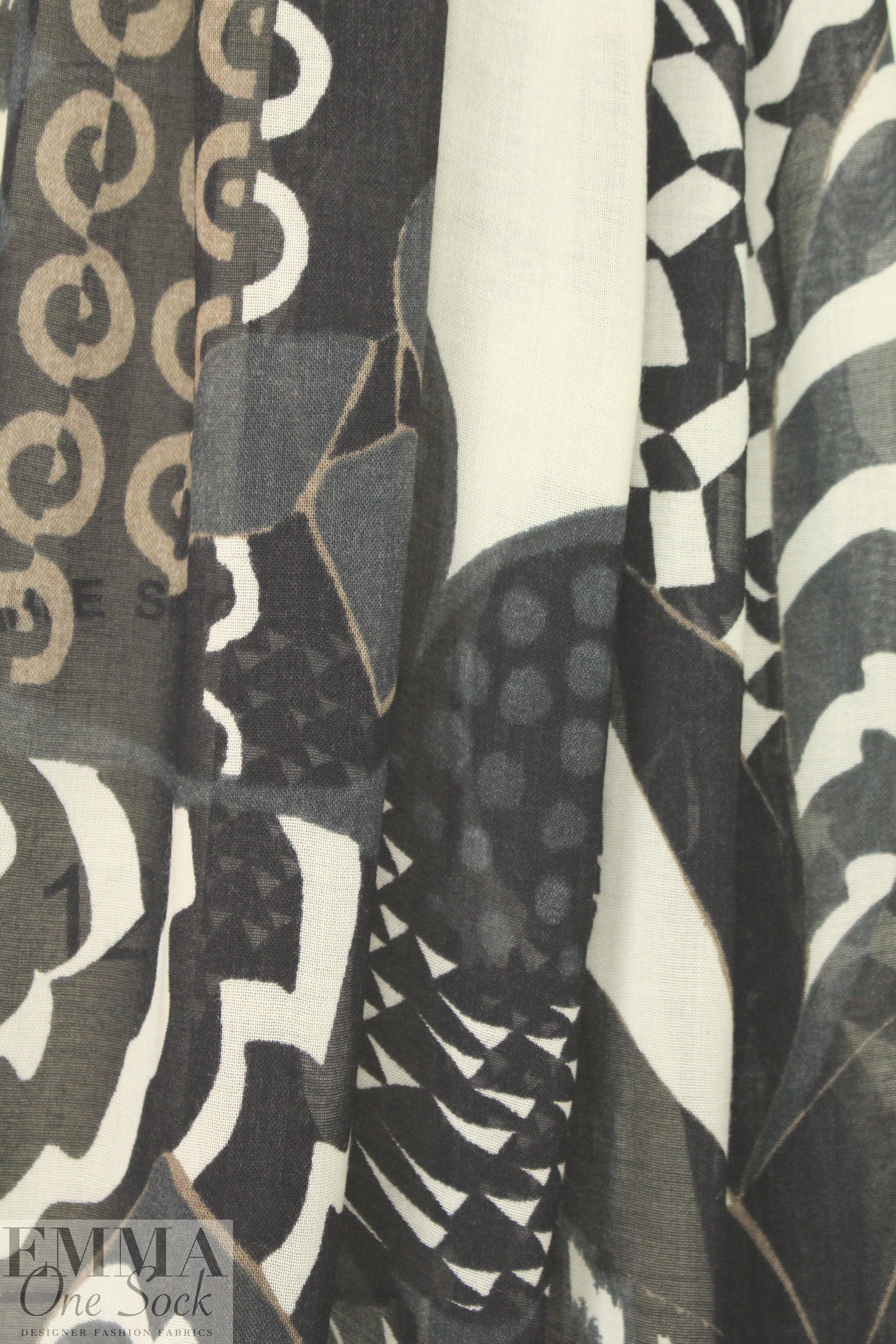 Italian printed wool/viscose gauze - off black/cafe' graphic