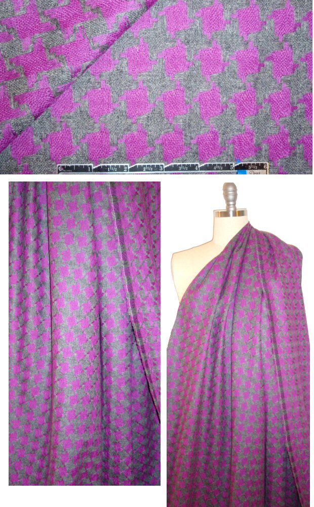 Italian gray/fuschia houndstooth wool suiting 1 yard