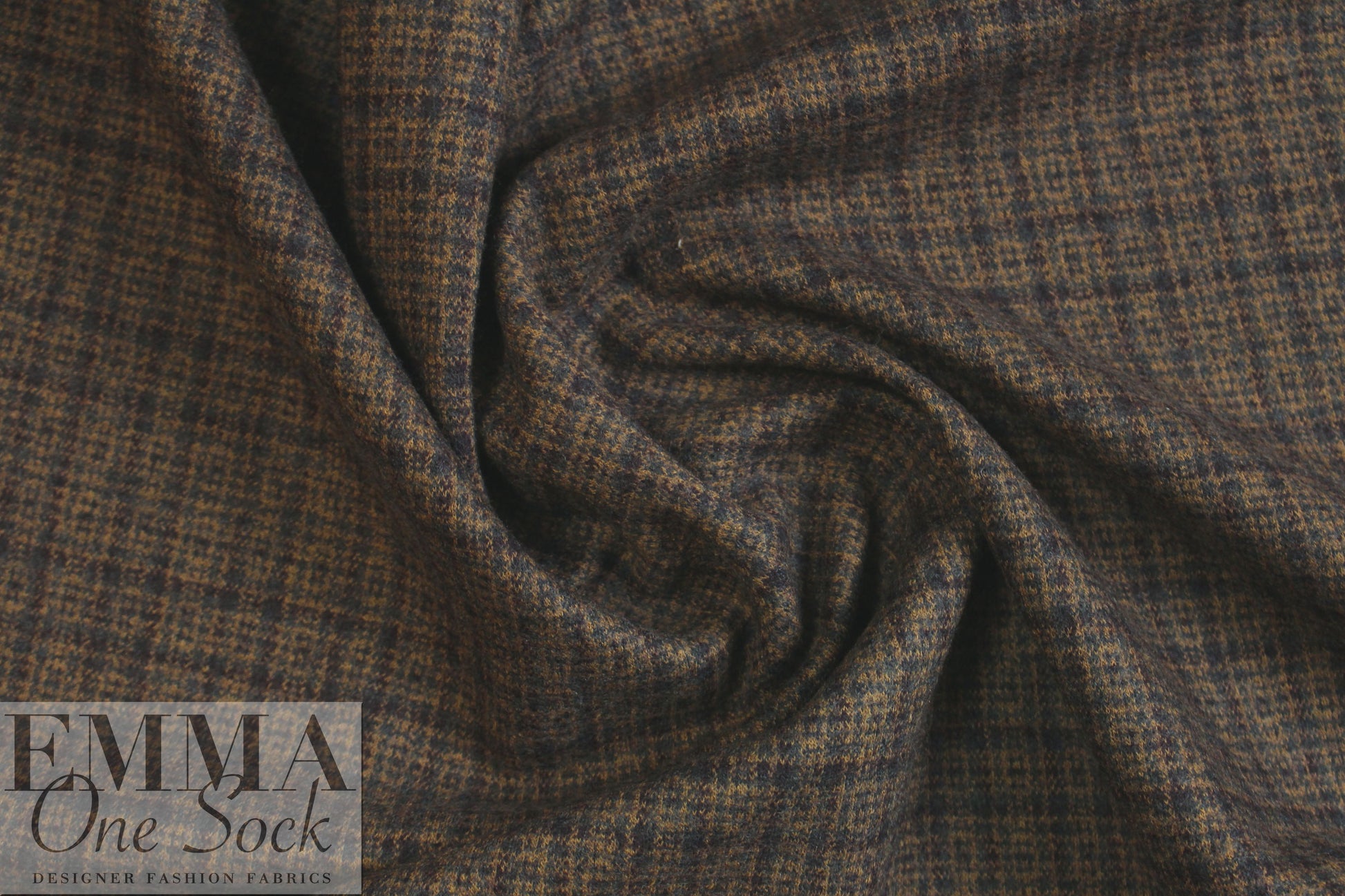 Italian bluestone/butterscotch plaid virgin wool doubleknit