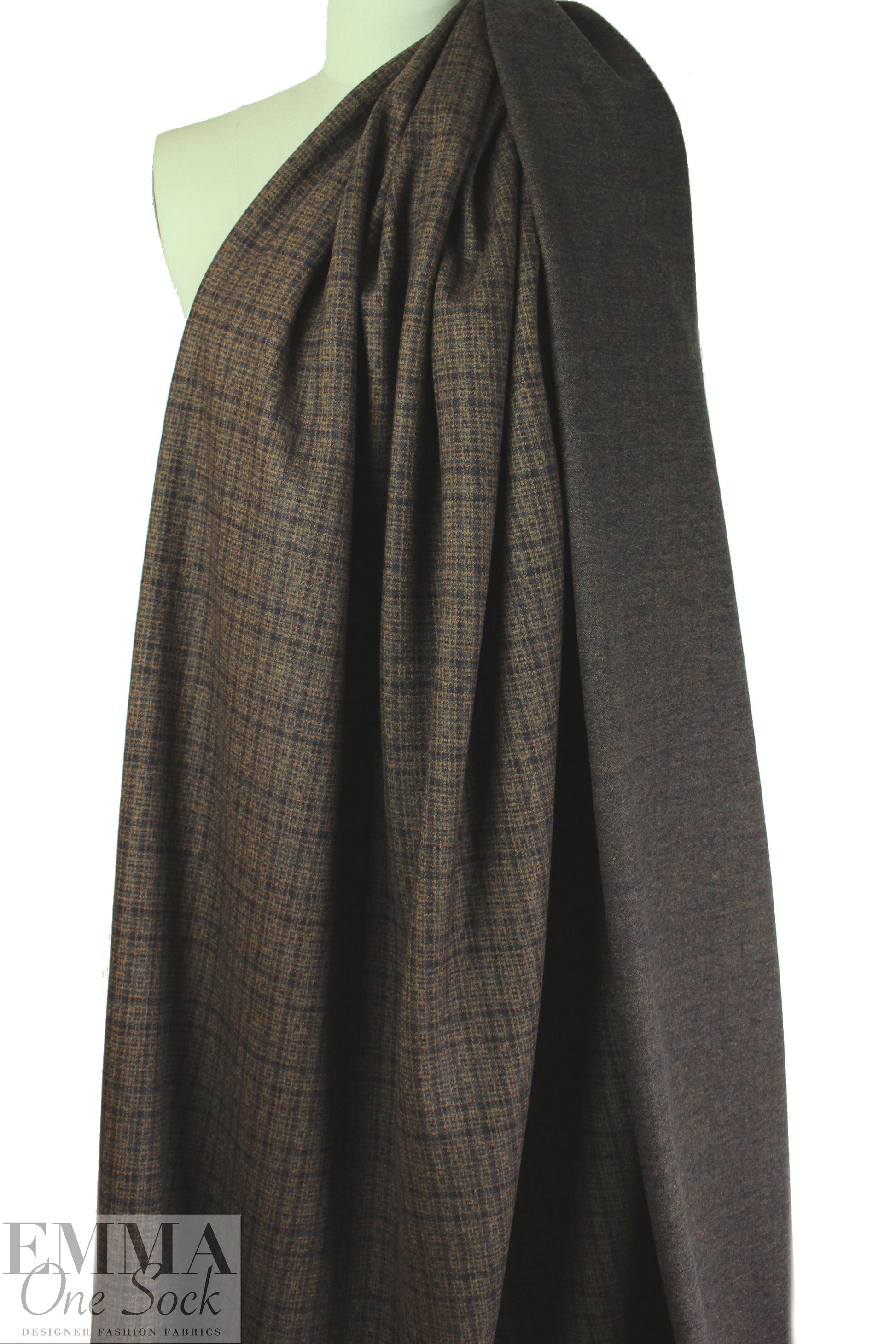 Italian bluestone/butterscotch plaid virgin wool doubleknit