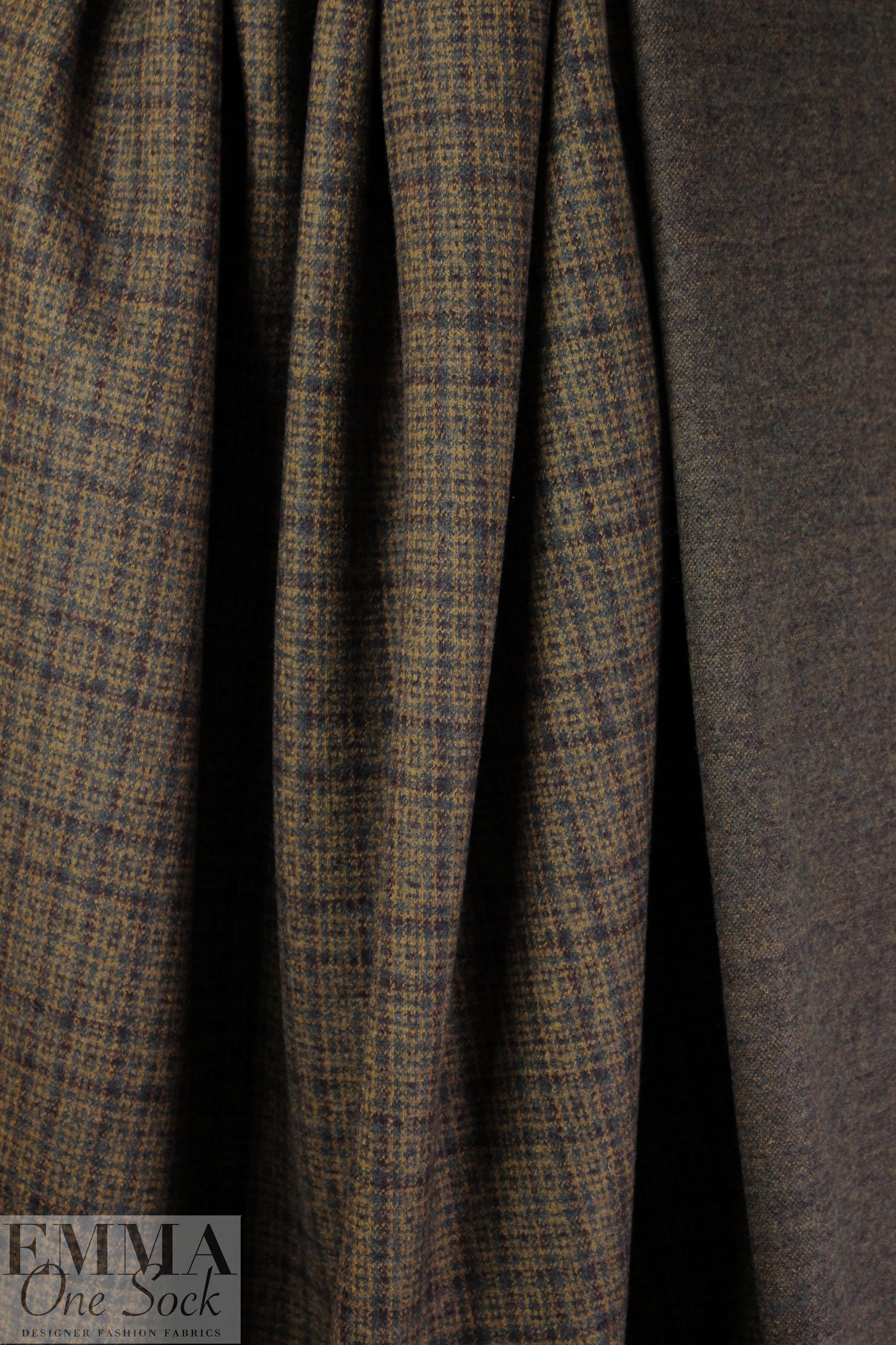 Italian bluestone/butterscotch plaid virgin wool doubleknit