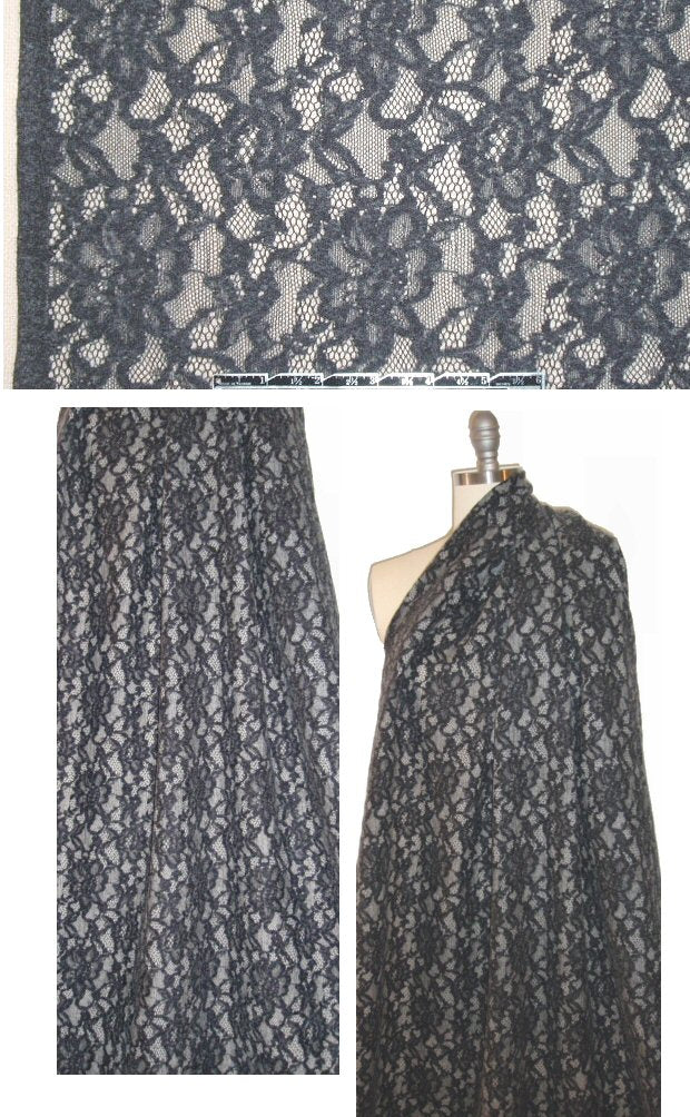 Italian wool gauze with fancy lace overlay - charcoal/ivory 1.5 yd