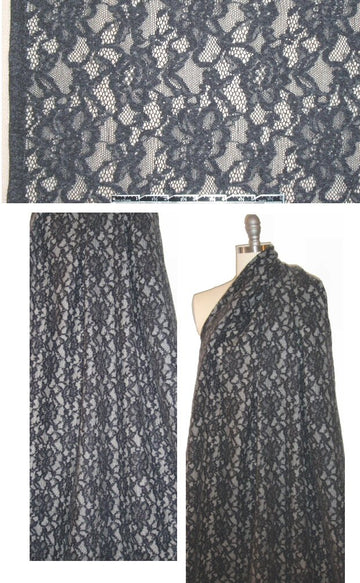Italian wool gauze with fancy lace overlay - charcoal/ivory 1.5 yd