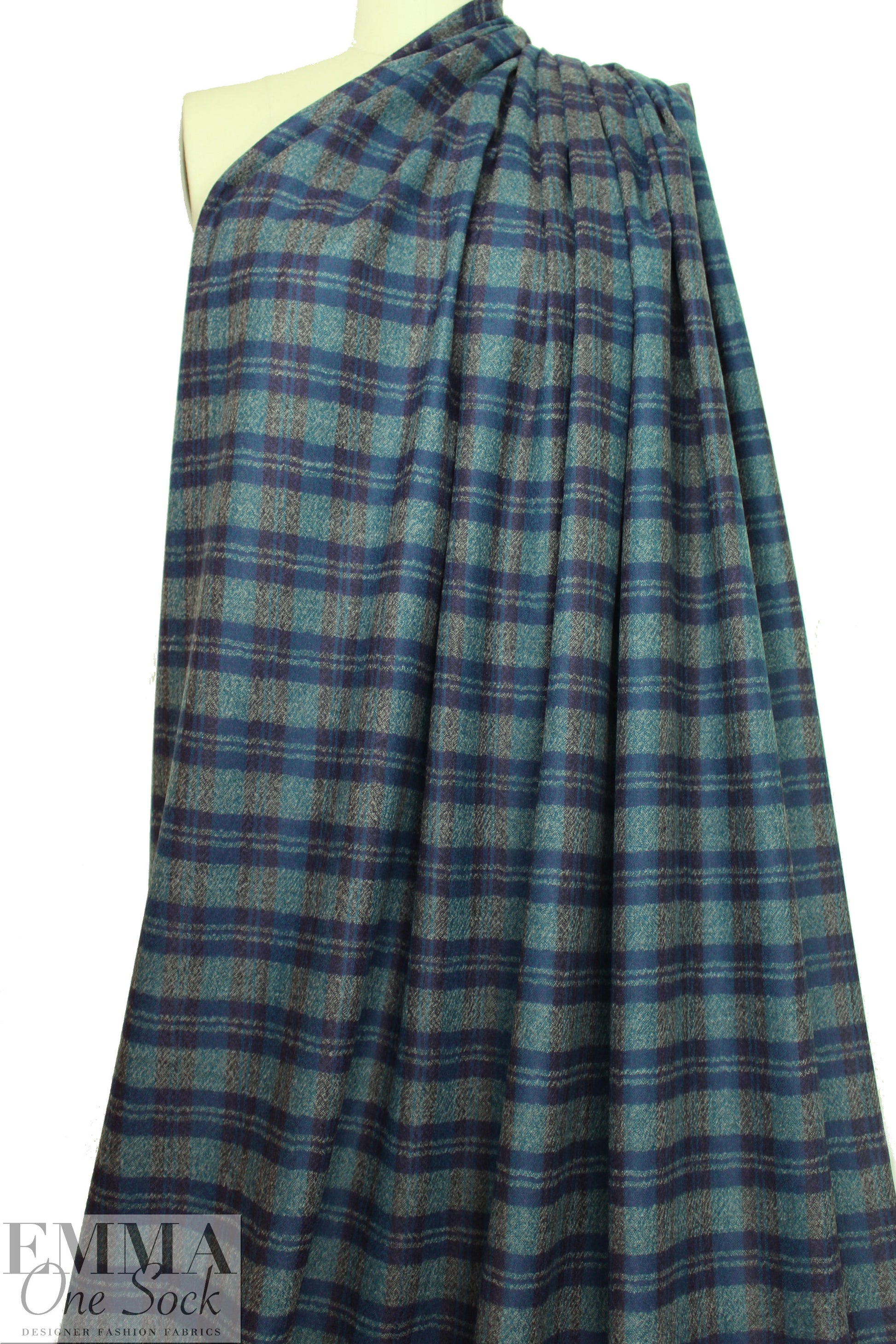 Italian virgin wool yarn dyed plaid - teal/indigo/sand