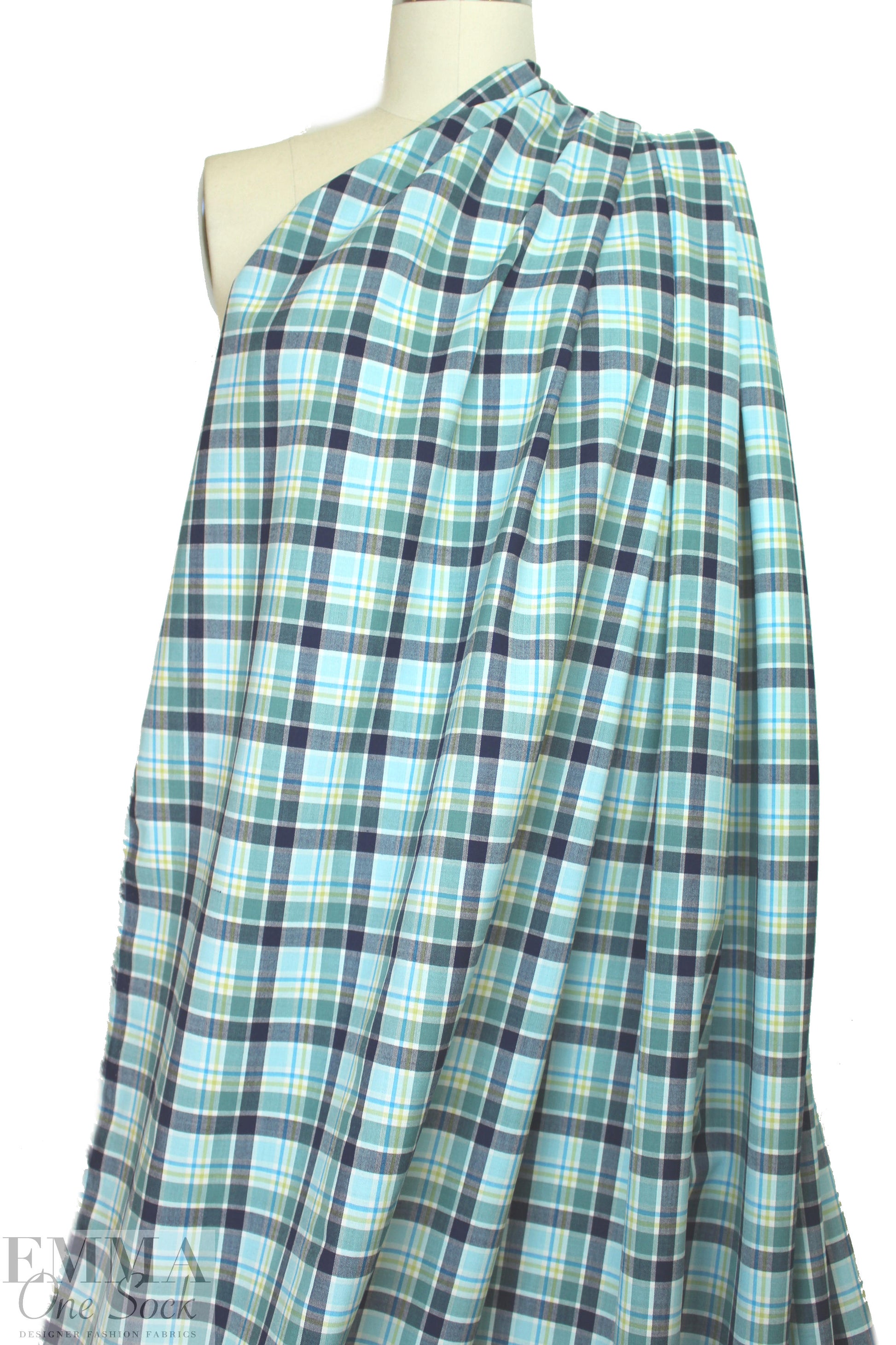 famous designer fine wool plaid - blues/aloe 1.66 yd