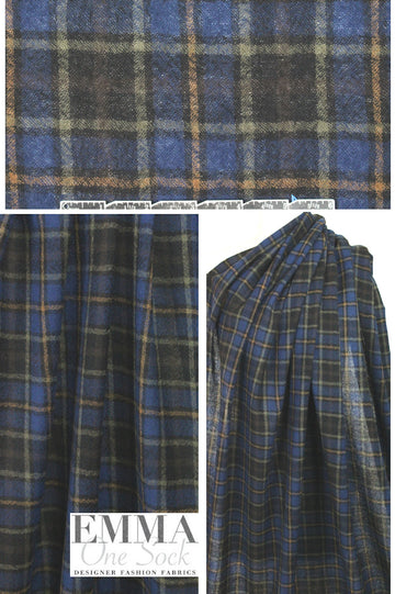 Japanese yarn dyed plaid wool gauze - navy/camel 1.125 yds