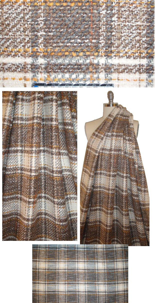 Italian wool blend boucle' plaid - tan/gray/golden 1.5 yds