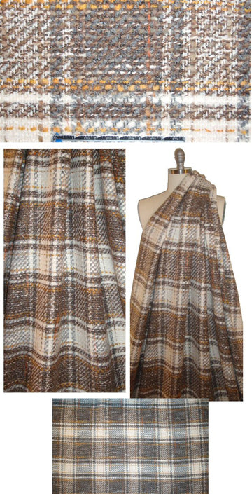 Italian wool blend boucle' plaid - tan/gray/golden 1.5 yds