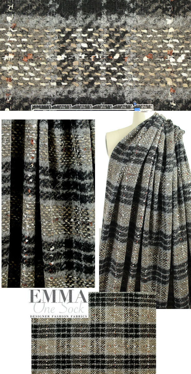 Italian wool blend boucle' plaid - black/gray/taupe