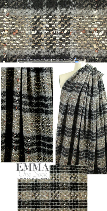 Italian wool blend boucle' plaid - black/gray/taupe