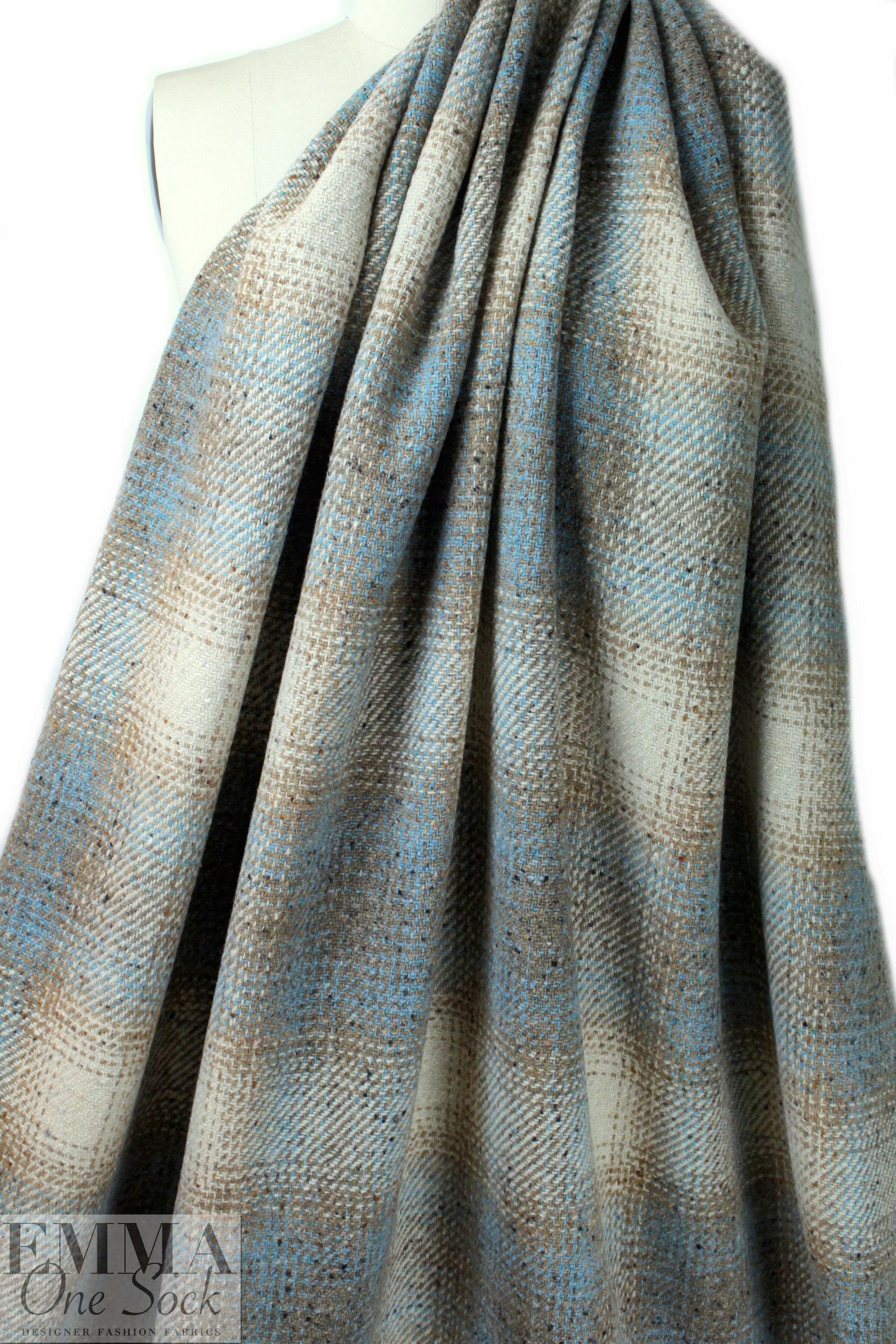 Italian robin's egg/taupe wool plaid coating 2.375 yd