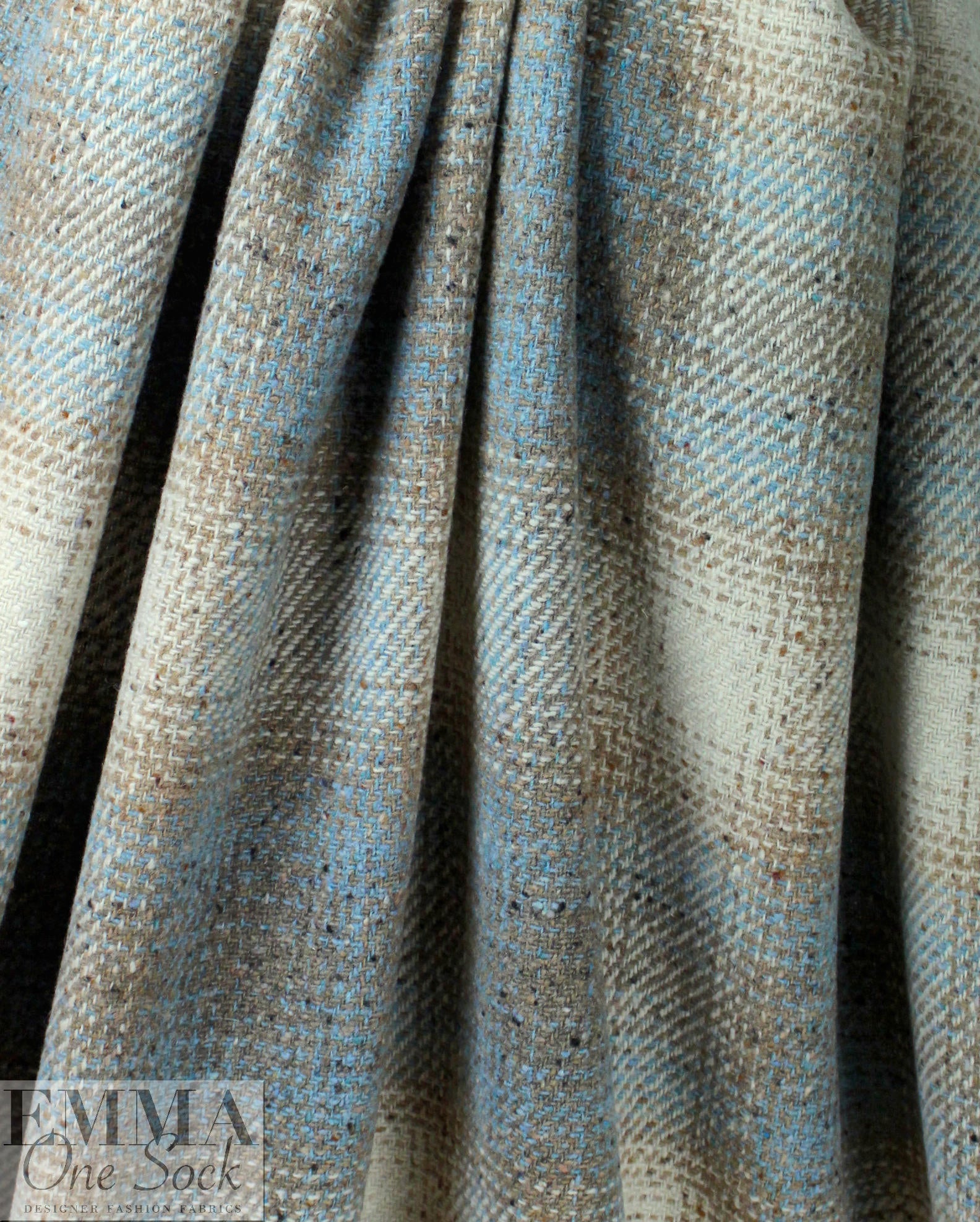 Italian robin's egg/taupe wool plaid coating 2.375 yd