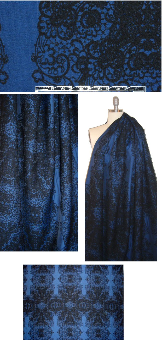 Italian wool blend lacey motif brocade - sapphire/black
