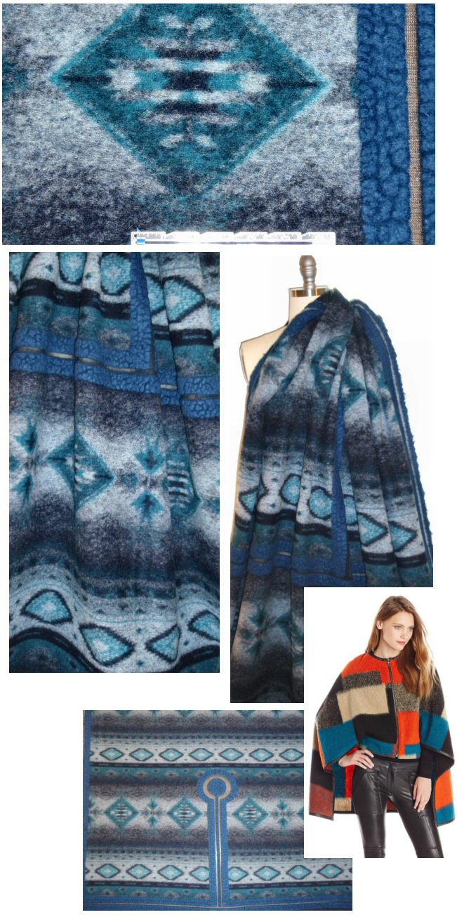 Italian southwest blues wool fleece poncho panel