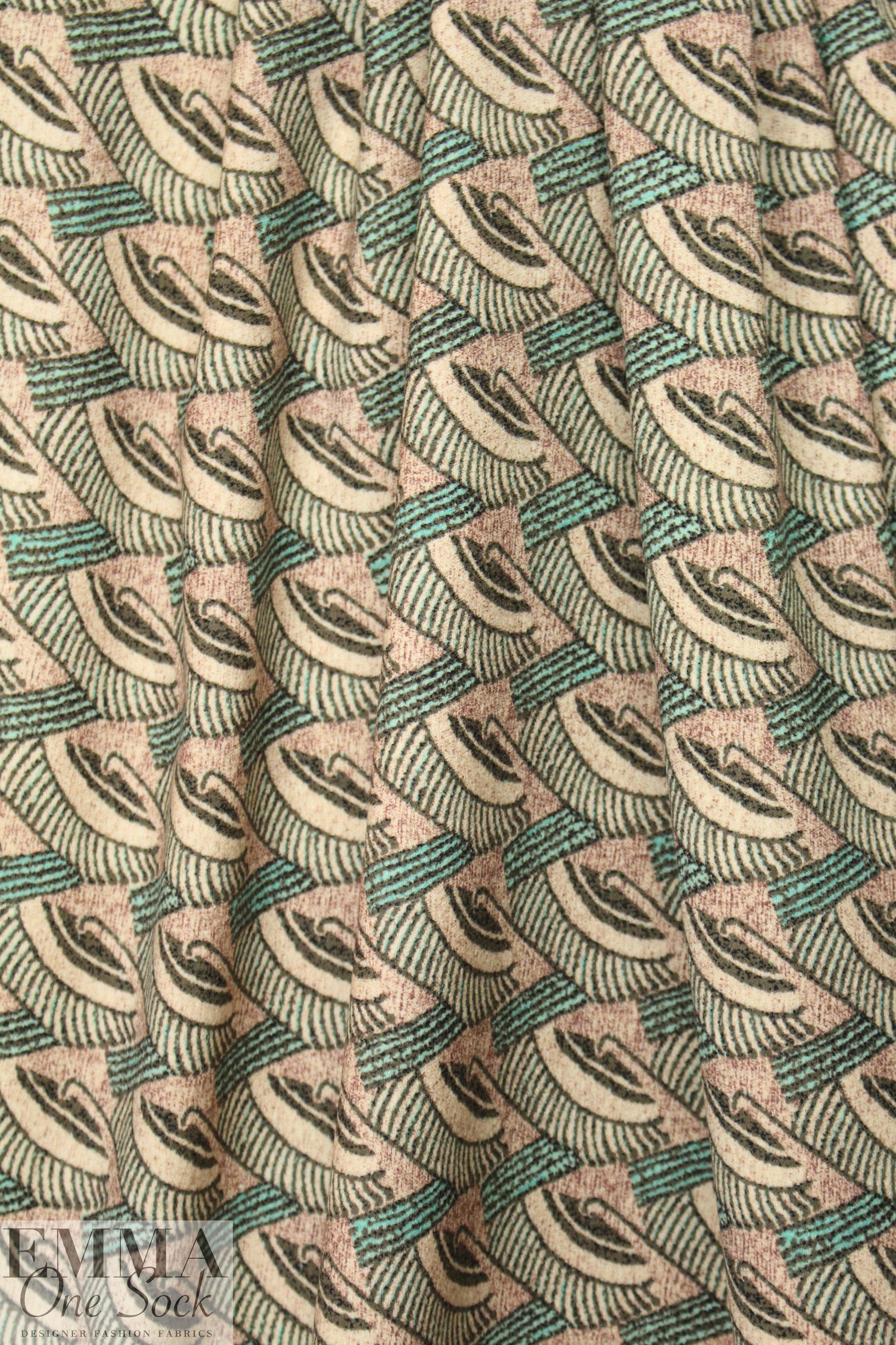 NY designer deco graphic printed wool stretch woven .75 yds