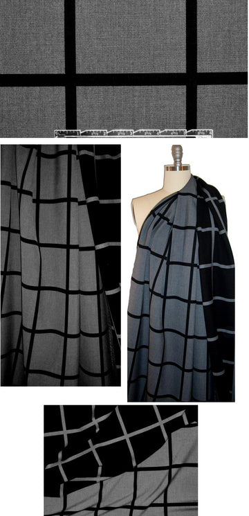 NY designer charcoal/black grid reversible stretch suiting