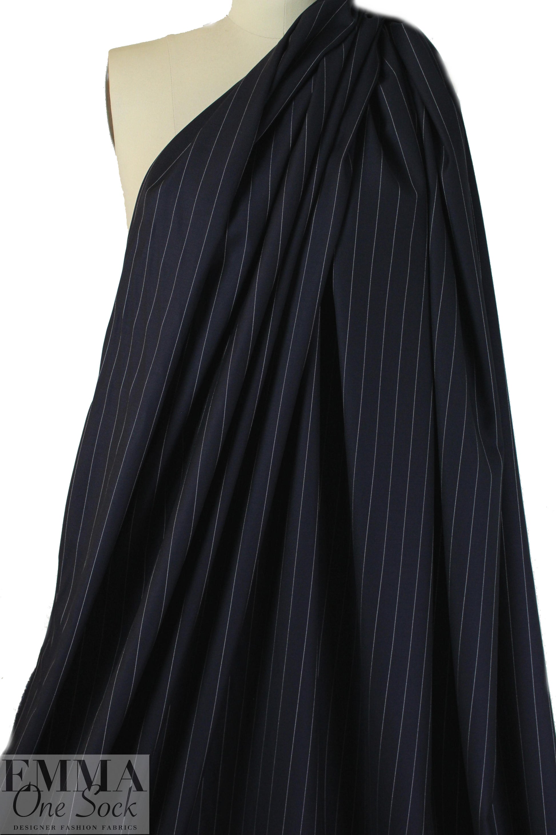Italian wool pinstripe twill suiting - midnight/off white 1 yard