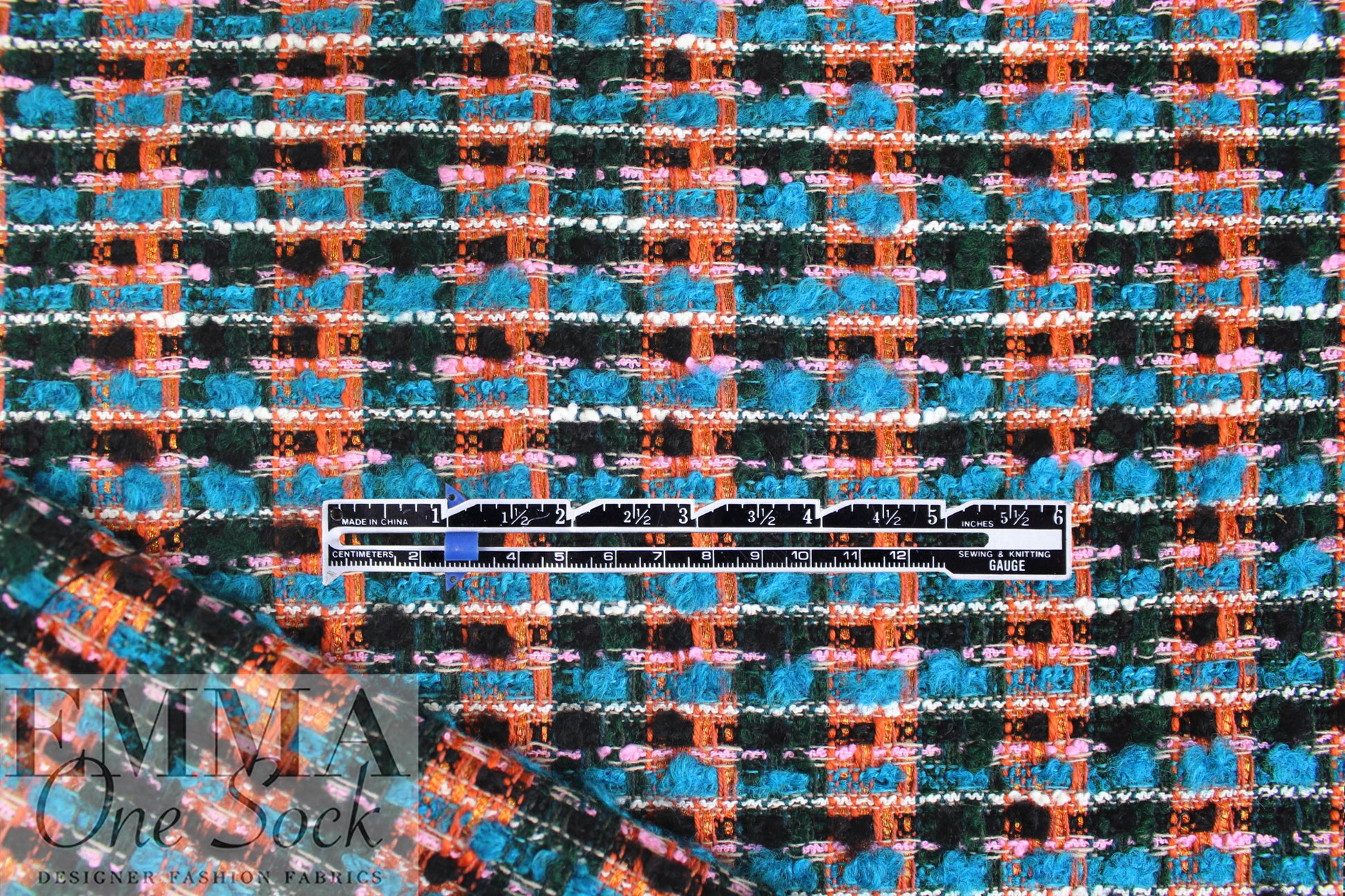 Italian wool blend fancy boucle' - cinnamon spice/peacock 1 yard